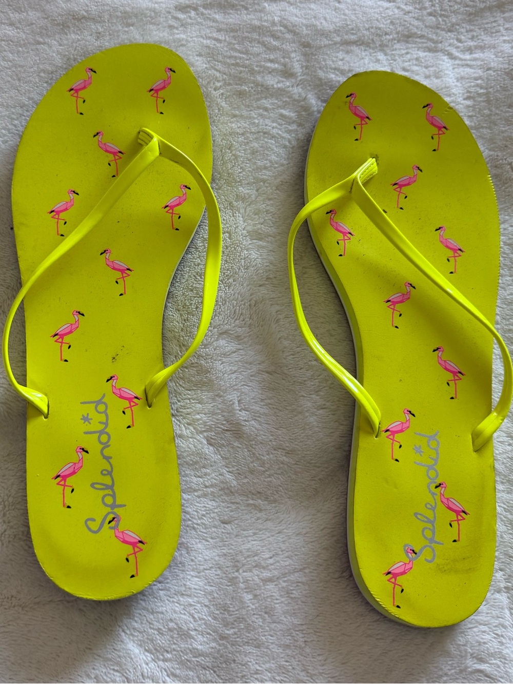 Splendid Neon Yellow Flip Flop Sandals with Pink Flamingo Print